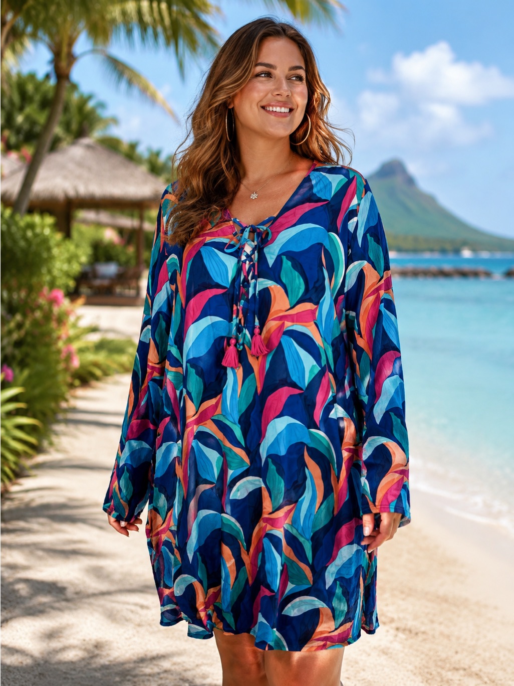 La Blanca Resort Painted Leaves Swim Cover Up Front Lace Up Detail Nwt Size 1xl